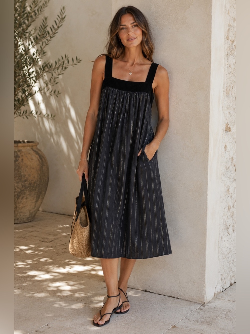 EDUN Barneys New York Black Silk Lined Metallic Boho Midi Dress L